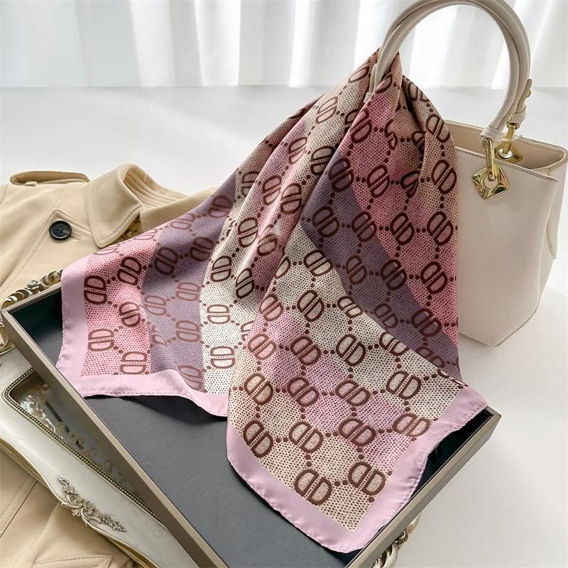 70*70cm Korean Rainbow Silk Square Scarf Women Print Satin Shawl Wrap Hijab Female Bind Hair Band Wrist Luxury Headkerchief