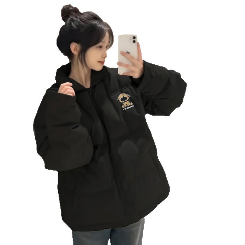 Women's Black Stand Collar Down Cotton Jacket - Autumn/Winter, Small, Loose, Warm, Thickened, Cold Protection Coat for High School Students.