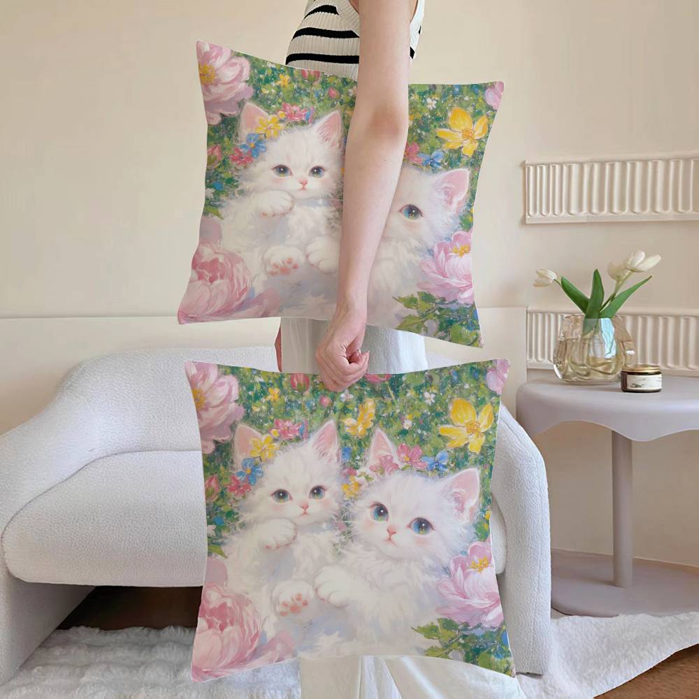 Painting Style KittenS Pillow Case Anti-dustmite Pillowcase Invisible Zipper Silky Sofa Cushion Cover