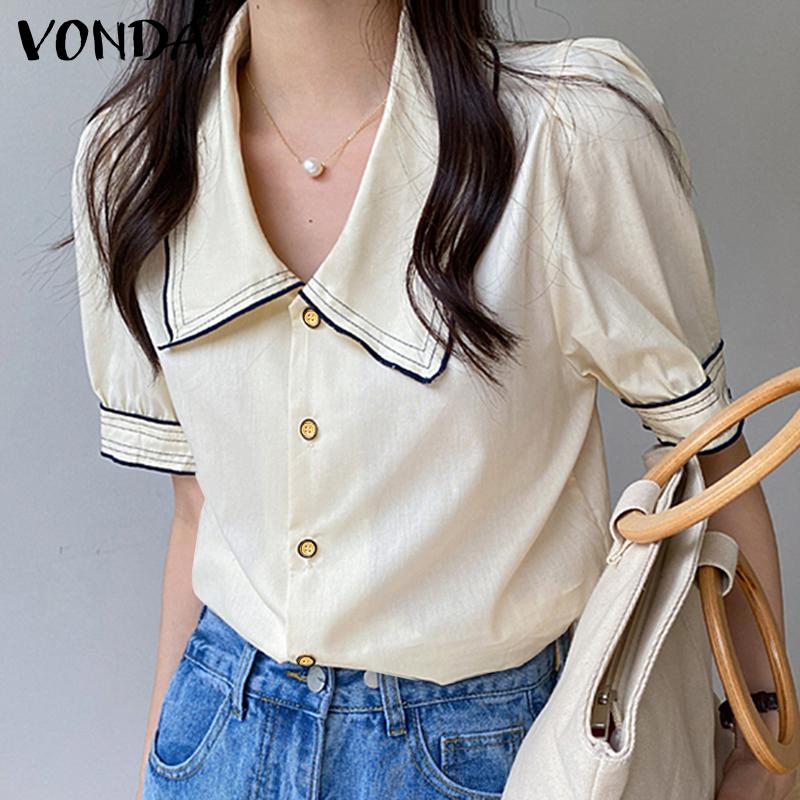 

VONDA S-5XL Летние женщины Короткий слоеный рукав Рукав Нагрудные пуговицы Вверх Рубашки Сращивание Повседневные плиссированные блузки Топы