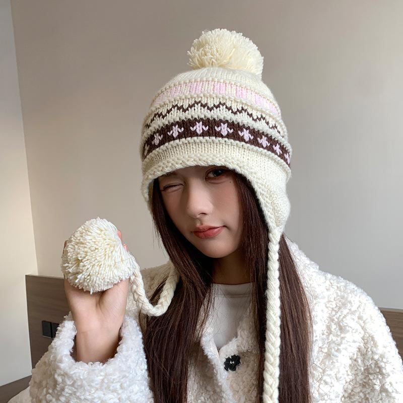 Wool Ball Knitted Hat for Women In Winter Korean Style Thickened and Velvet Cold Proof Woolen Hat Showing Face Little Lei Feng Hat