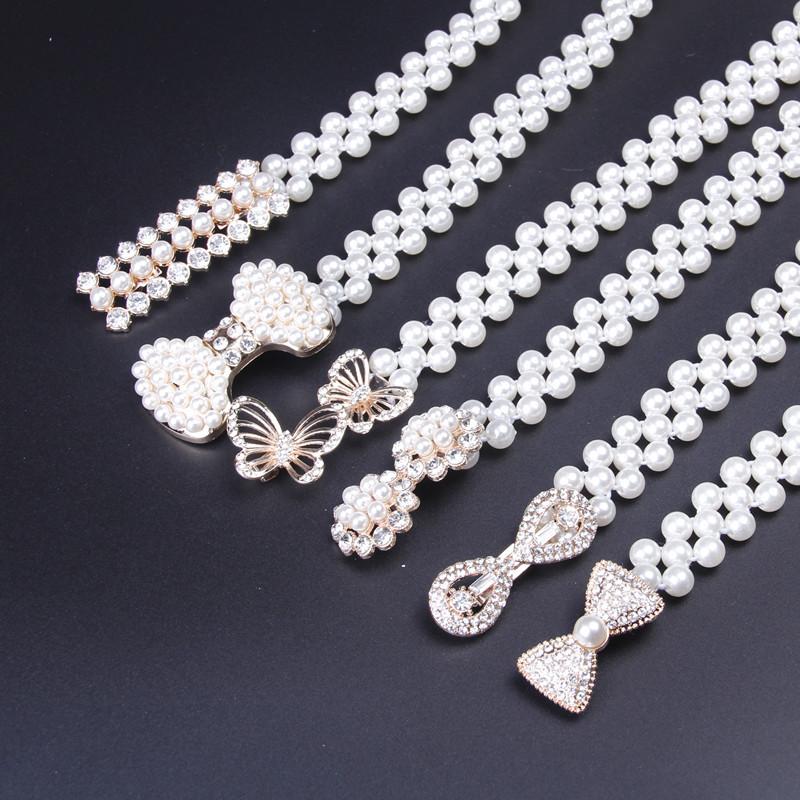 Rhinestone Pearl Waist Chain Women'S Elastic Waist Seal Women'S Decoration Elastic Woven Belt Dress Decoration