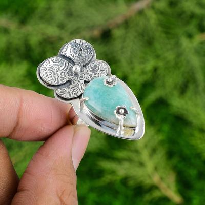 Sterling Silver Amazonite Stone Statement Engagement Stackable Flower Boho Ring