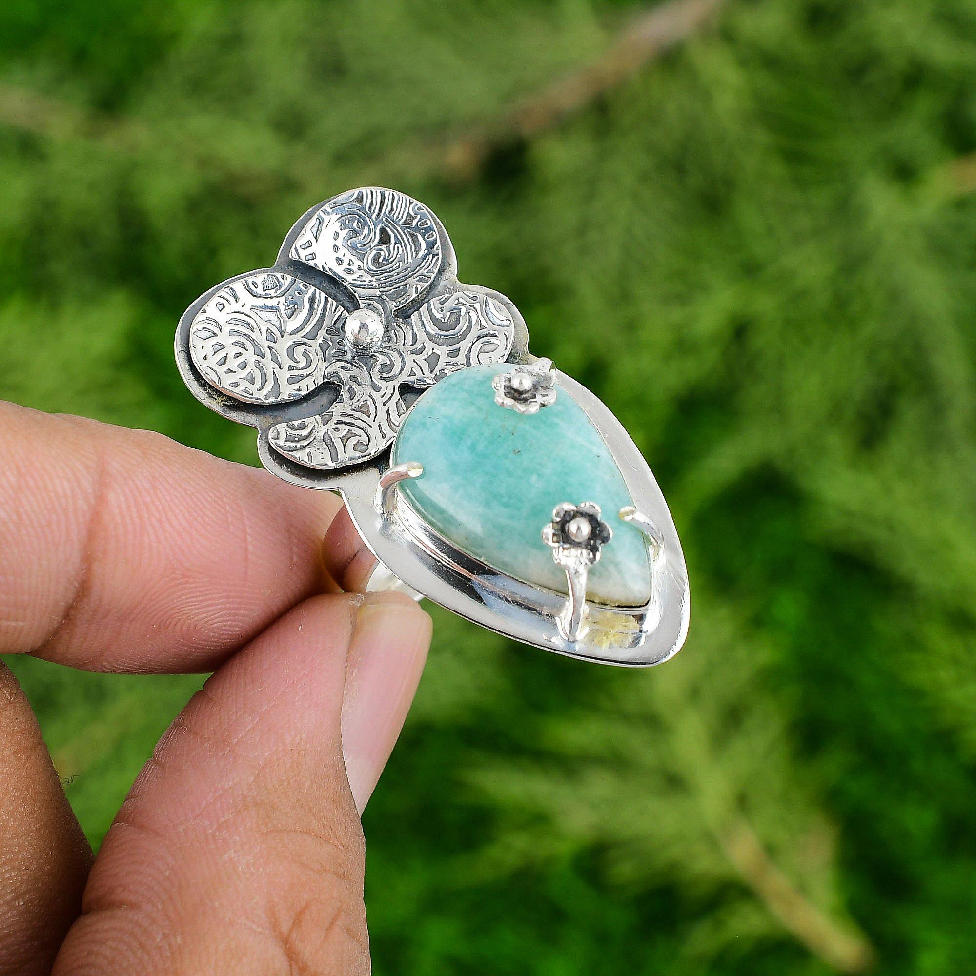 

Sterling Silver Amazonite Stone Statement Engagement Stackable Flower Boho Ring Adjustable