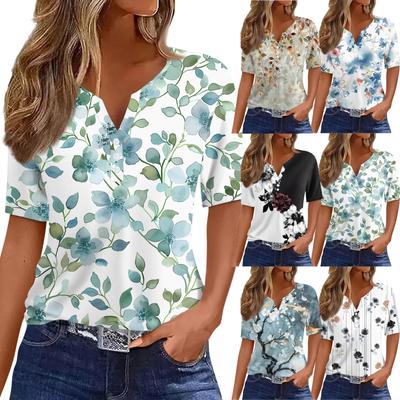 Women's T Shirt Print Button Short Sleeve Daily Weekend Fashion Basic V- Neck Regular Top