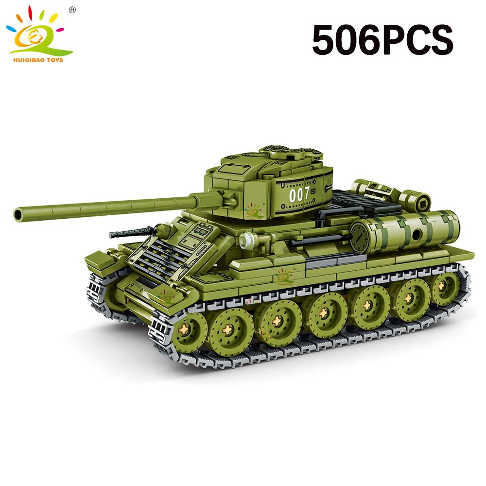 HUIQIBAO WW2 Wojskowy Czołg T-34 Zestaw Klocków Budowlanych dla Dzieci Broń Armii Samochód Ciężarówka Klocki Zabawka Miasto Klocki Budowlane Prezent