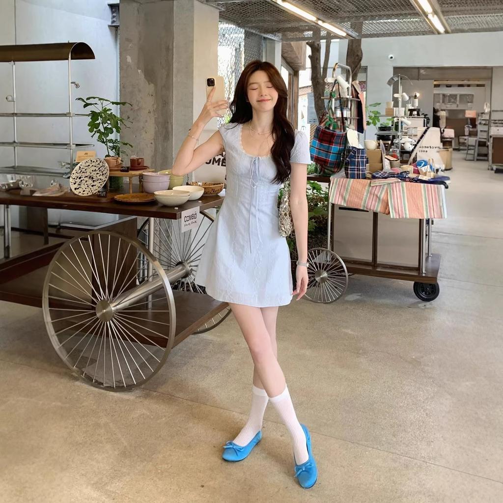 Korean Lace Splicing Fake Two Pieces French Temperament Waist Thin Dress Women's Summer Square Neck Bow Long Dress