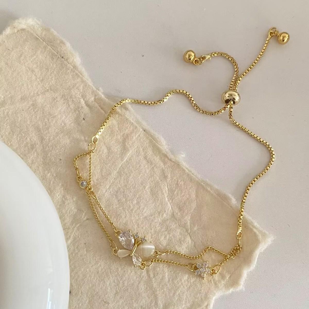 Elegant French Butterfly Cat s Eye & Zircon Bracelet: Versatile Fashion Accessory