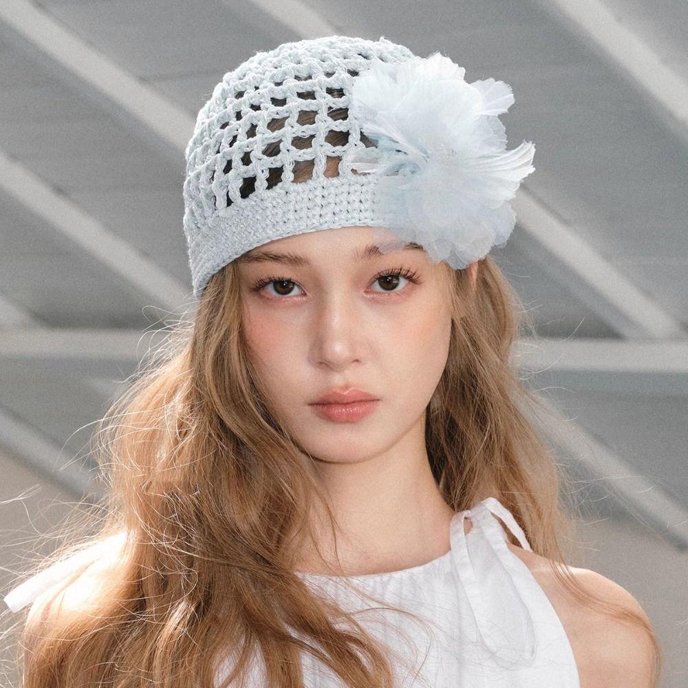 Bohemian Style Crochet Flower Hat Handmade Hollow Out Knitted Hat Retro Weave Cap  Girls