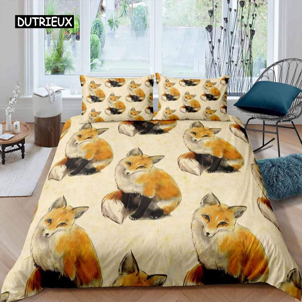 Fox Duvet Cover Set Girls Cartoon Fox Bedding Set Lovely Animal Theme Comforter Cover for Kids Teens King Polyester Quilt Cover