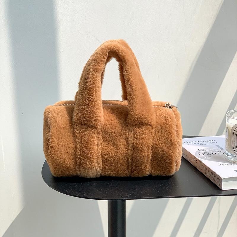 

Mini Barrel-shaped Purses and Handbags Winter Warm Plush Bags for Women Faux Fur Designer Bag Fluffy Soft Pillow Bag Lady Clutch 22x12x12cm