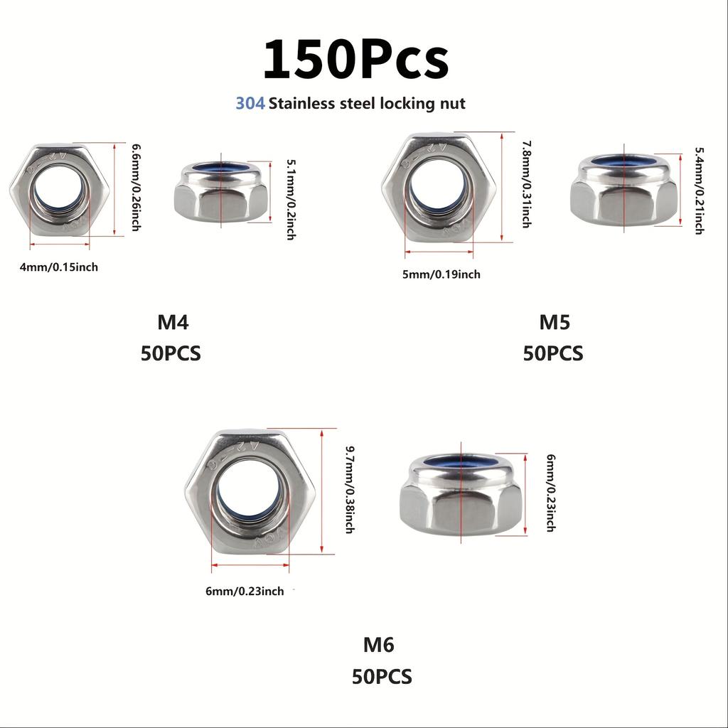 150pcs Stainless Steel Nylon Anti-Slip Self-Locking Nuts - M4/M5/M6, Hexagonal Screw Caps for Construction, Maintenance