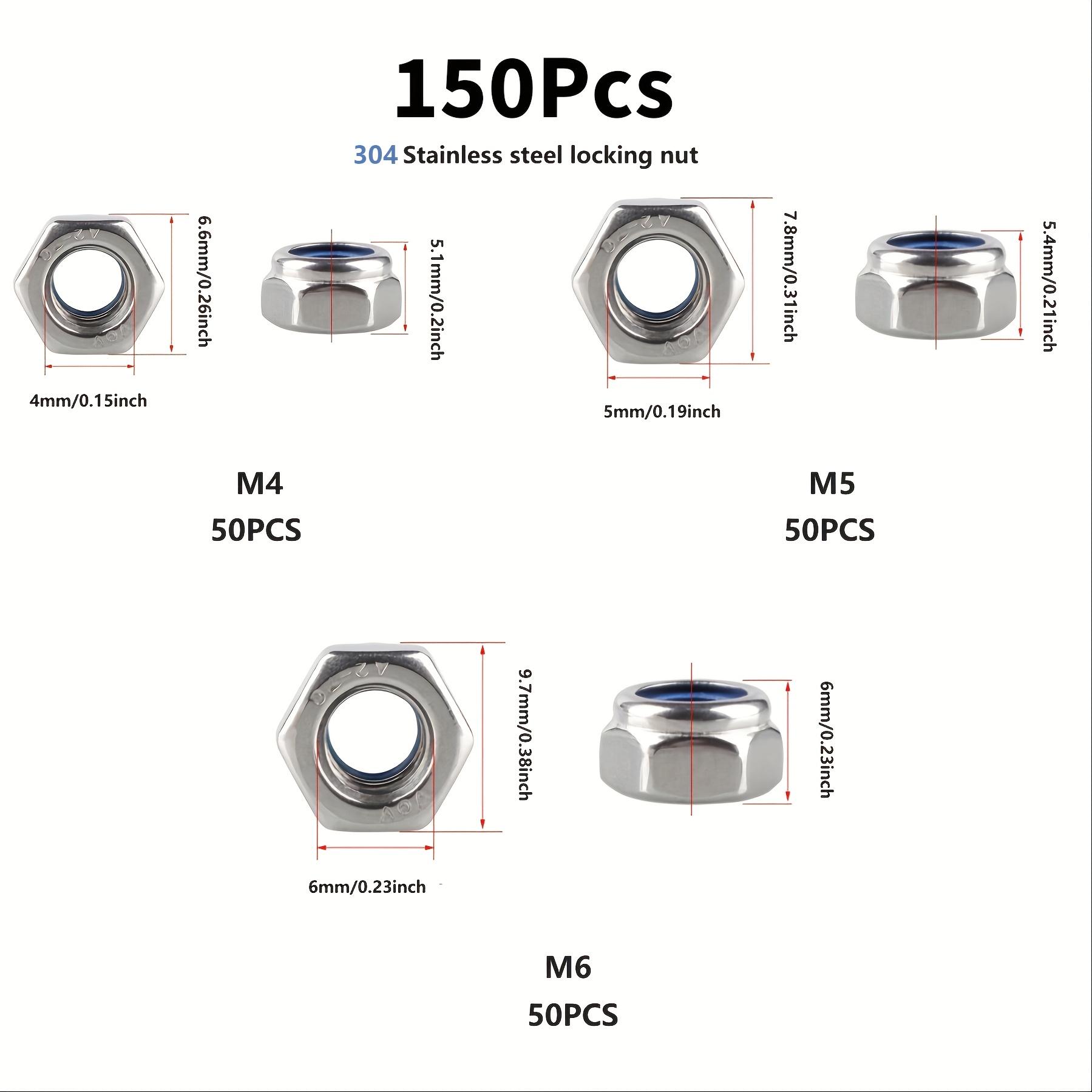 

150pcs Stainless Steel Nylon Anti-Slip Self-Locking Nuts - M4/M5/M6, Hexagonal Screw Caps for Construction, Maintenance 150PCS