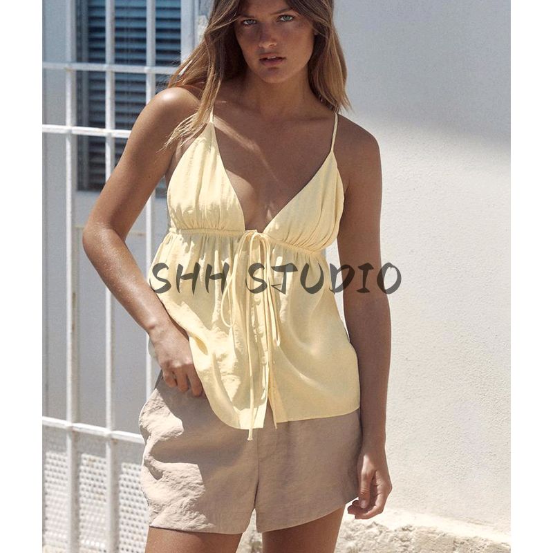 Summer New Product Women's Clothes Minimalist Breasted Decoration V Neck Sleeveless Bows Drape Strap Tops 3744117