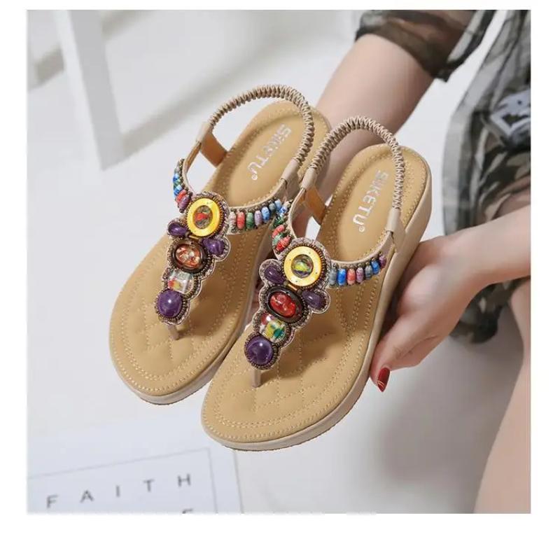 Vabaaja kummipael, tugeva platvormiga sandaalid etnilised stringid helmestega seljarihm, kiilud, kristallist naiste kingad