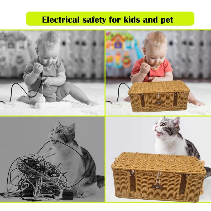 Handwoven Cable Management Box 4 Open Slots Imitation Rattan Cord Organizer For TV Wires, Computer, Router, USB Hub