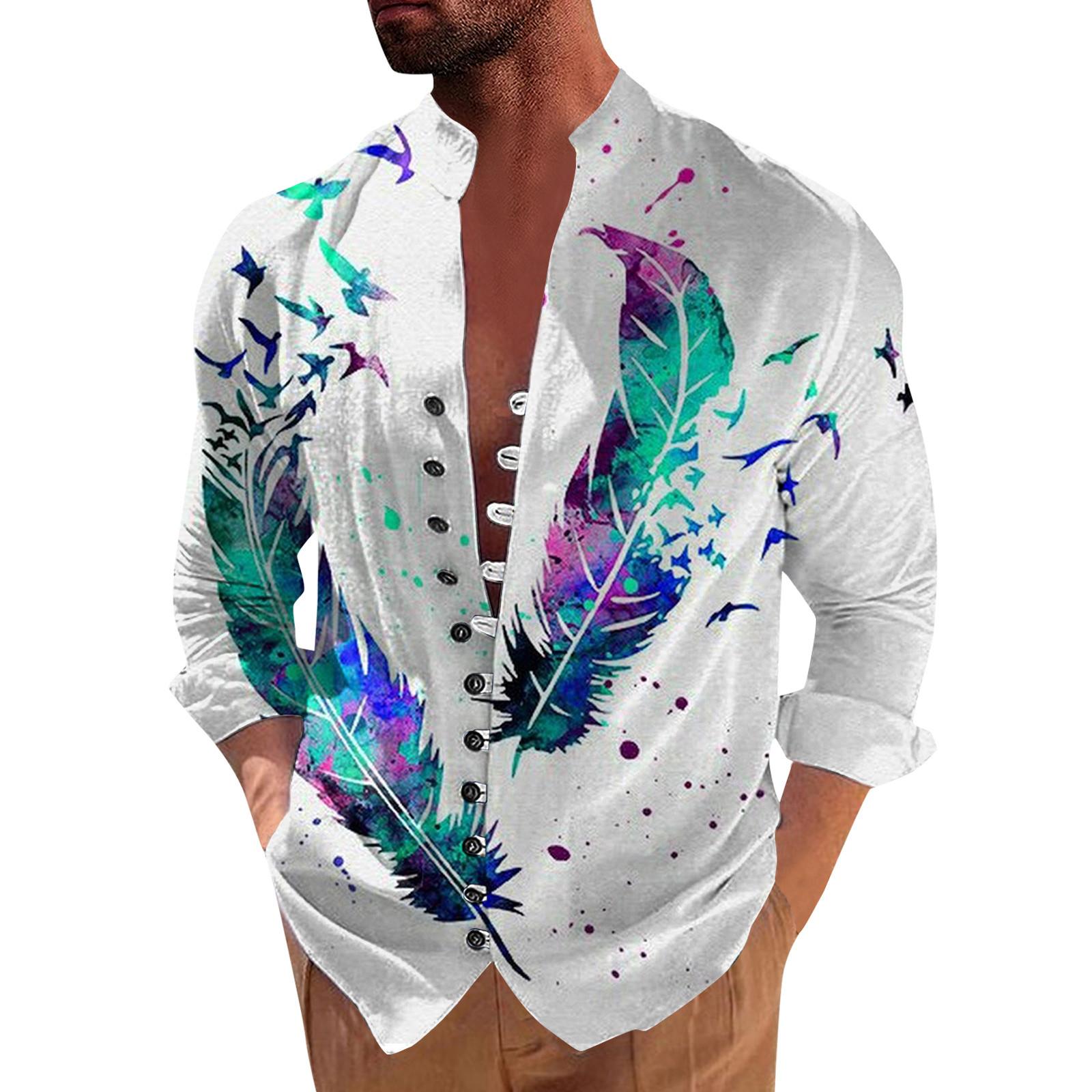 

Мужская ретро повседневная свободная рубашка с длинными рукавами и принтом, модный топ с воротником-стойкой XL фиолетовый