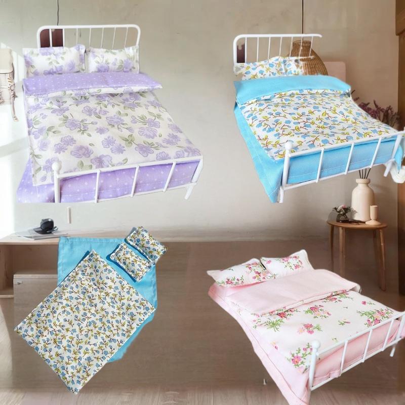 1/12 Dollhouse Miniature Bed Four Piece Bed Set Cover Bedding Set Doll Bedroom Decoration Toy