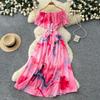 New Women's Summer Sleeveless Print Dress Pearl One-Neck High Waist A-Dress Commuter High Street Style