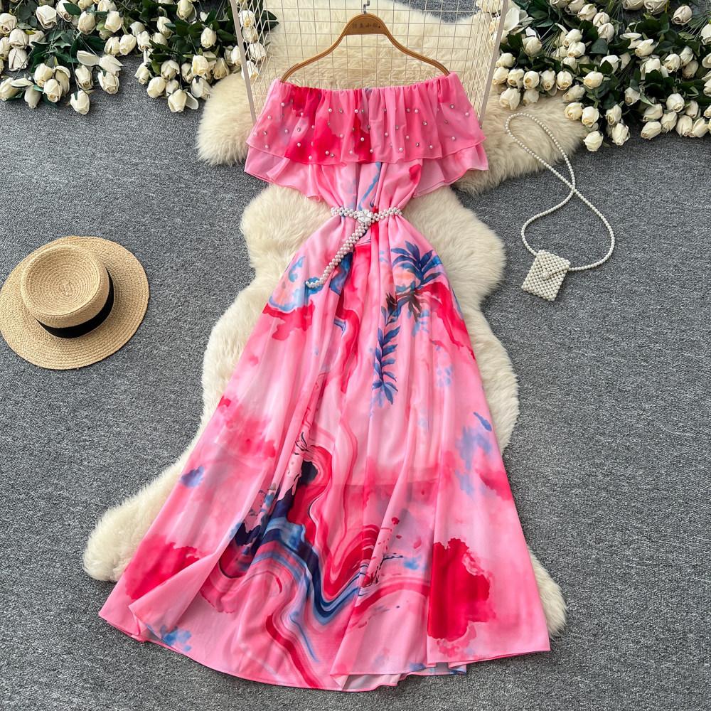 New Women's Summer Sleeveless Print Dress Pearl One-Neck High Waist A-Dress Commuter High Street Style