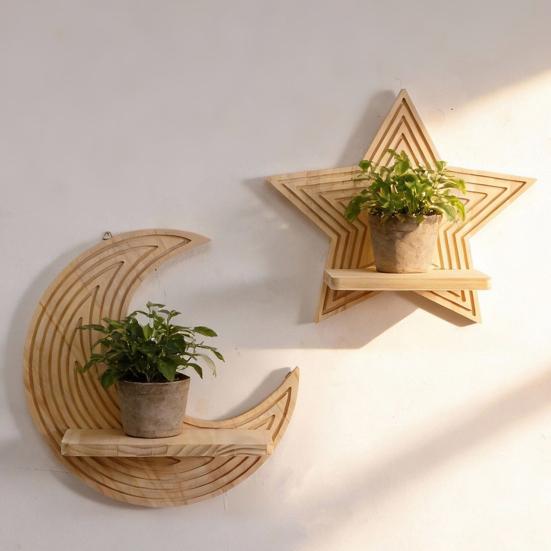 Moon Star Wall Shelf Boho Wooden Floating Wall Shelves Wall Mounted Plant Holder for Living Room Bedroom Modern Home Decor