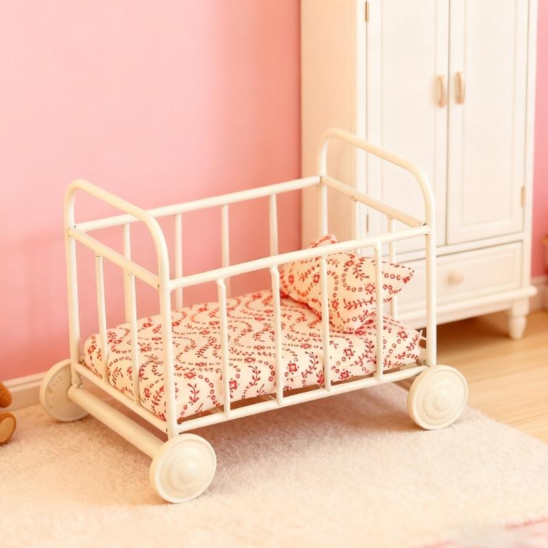 Bassinet Crib Toy Figure Model Realistic Metal Bed Dollhouses Pretend Girls Gift Realistic Mini Crib Toy