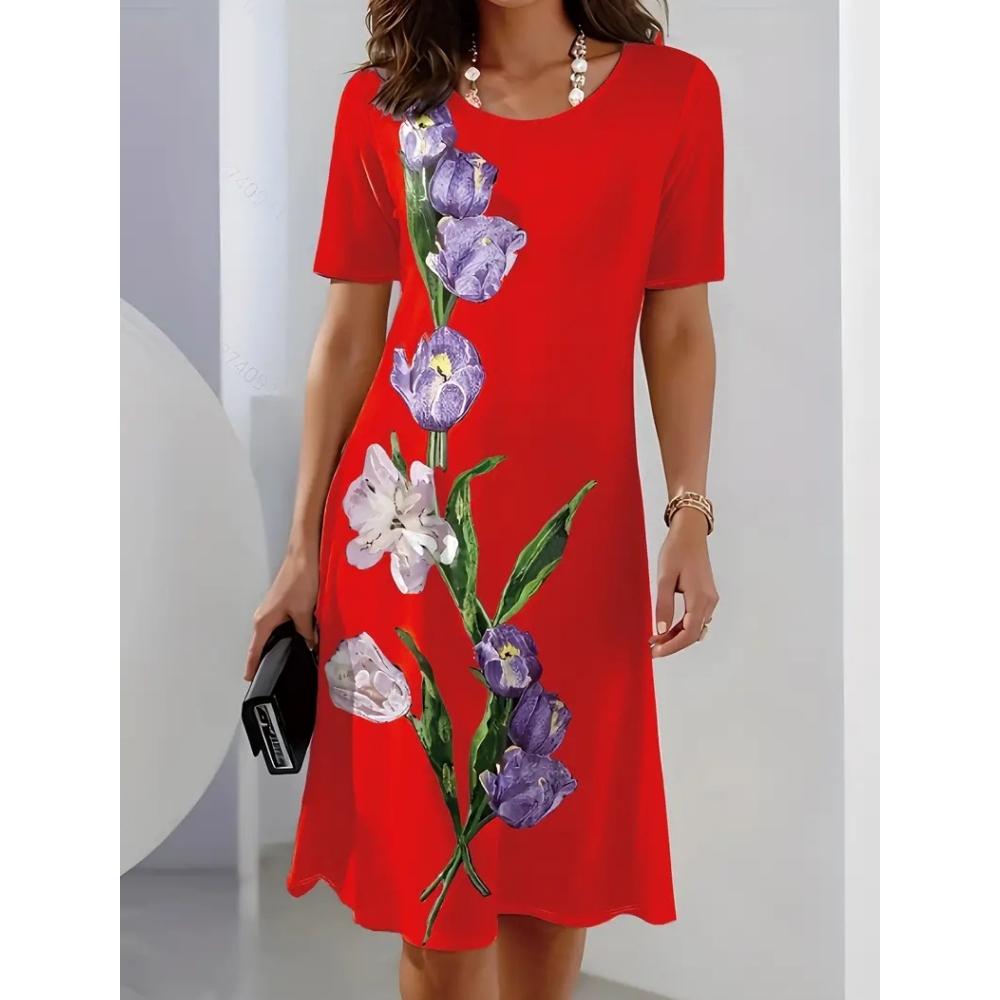 Women's Short-sleeved A-line Skirt 3d Color Printed Pullover Dress Fashionable and Elegant Summer Loose Round Neck Dress