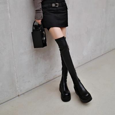 Damen Höhe Steigernde Kniehohe Stiefel Runde Spitze Reißverschluss Stretch Schlank Dicke Sohle Lange Stiefel Bequem Mode Stiefel Schuhe