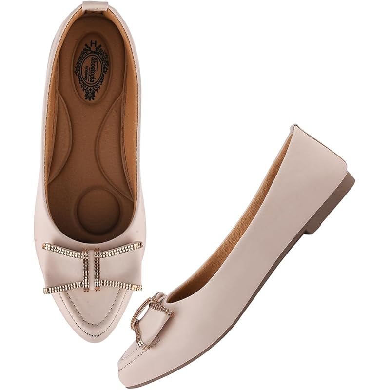 Shoetopia Pointed Toe Bow Detailed Cream Bellies For Women & Girls /Eu37