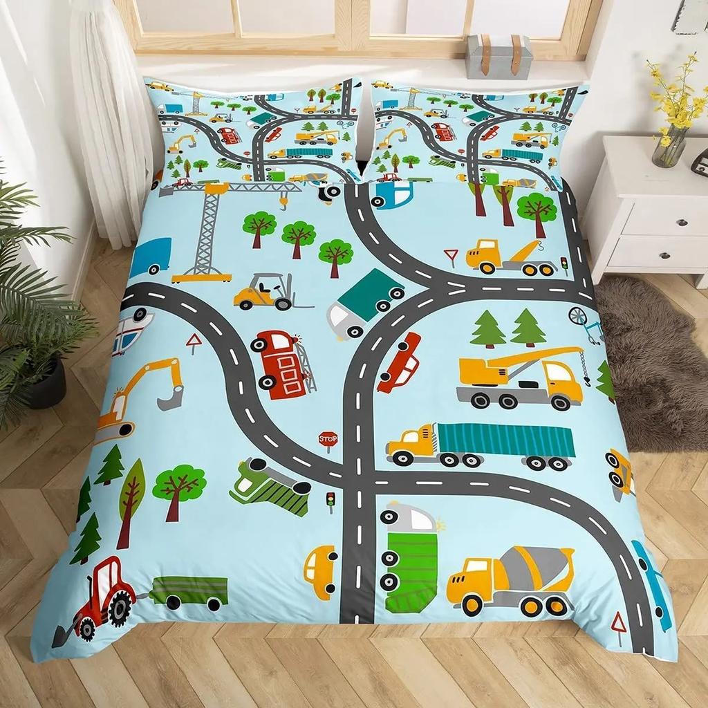 Kids Cartoon Car Duvet Cover Set City Building Street Road Bedding Set Microfiber Vehicle Truck Comforter Cover Twin Queen Size