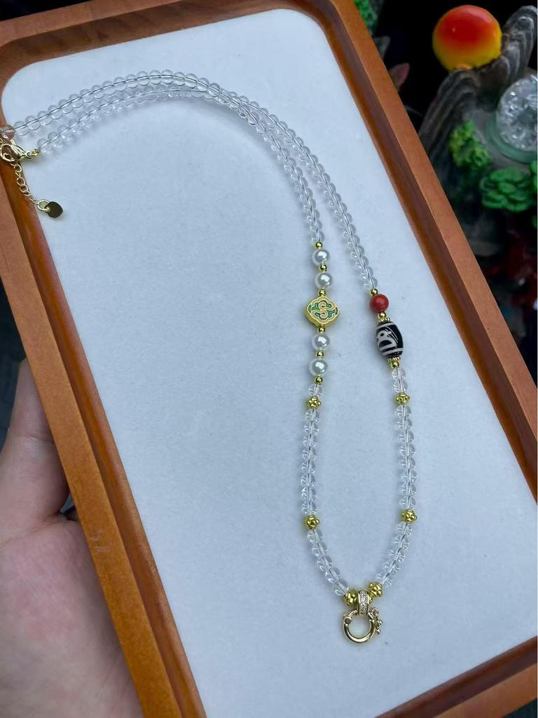 Thailand Amulet Crystal Beaded Necklace with Thangka Buckle and Jade Pendant