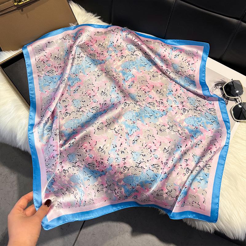 French Light Luxury Floral Small Square Scarf Simulation Silk Printing Silk Scarf Headscarf Women's Spring and Summer Scarf Temperament Scarf Scarf N
