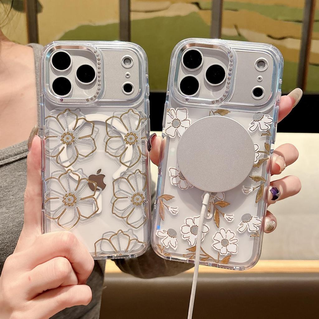 Floral Transparent Magnetic Bow Diamond Lens Case for iPhone 17 Pro Max