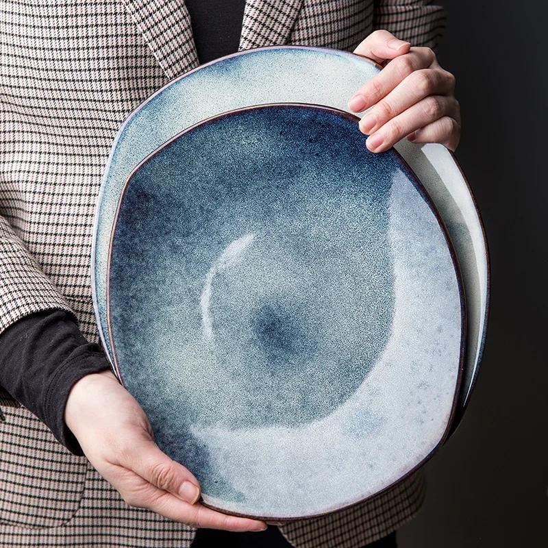 Kreativer Retro Großer Teller Personalisierter Keramikteller Haushalt Dim Sum Teller Reisschale Nudelschale Scheibenförmiges Geschirr