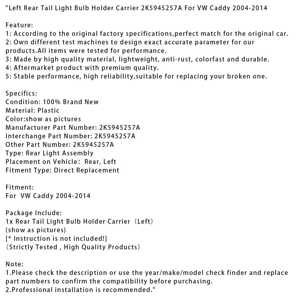 Left Rear Tail Light Bulb Holder Carrier 2K5945257A For VW Caddy 2004-2014