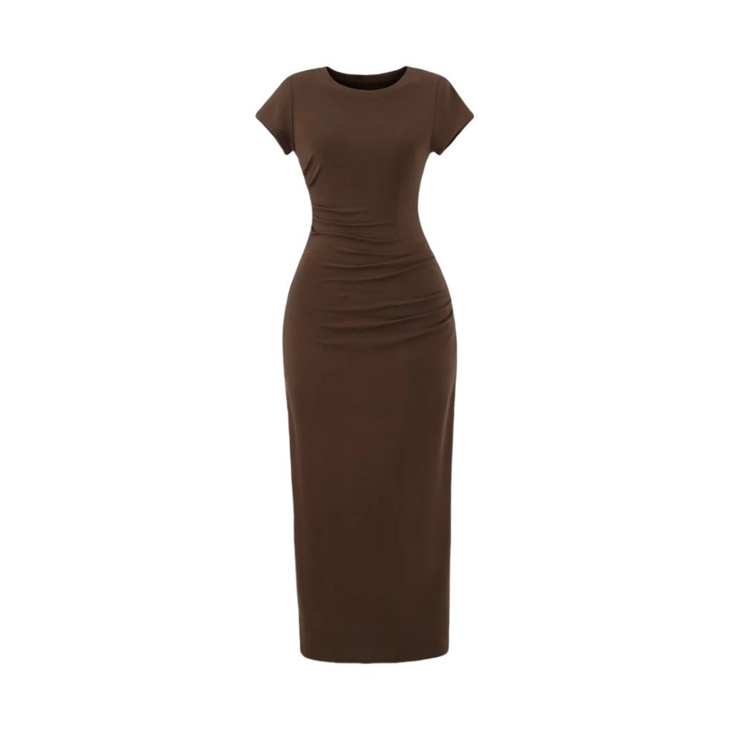 Wind Summer Round Neck Short-sleeved Dress Design Pleated Elastic Slim Sexy Hip-wrapped Knee Dress