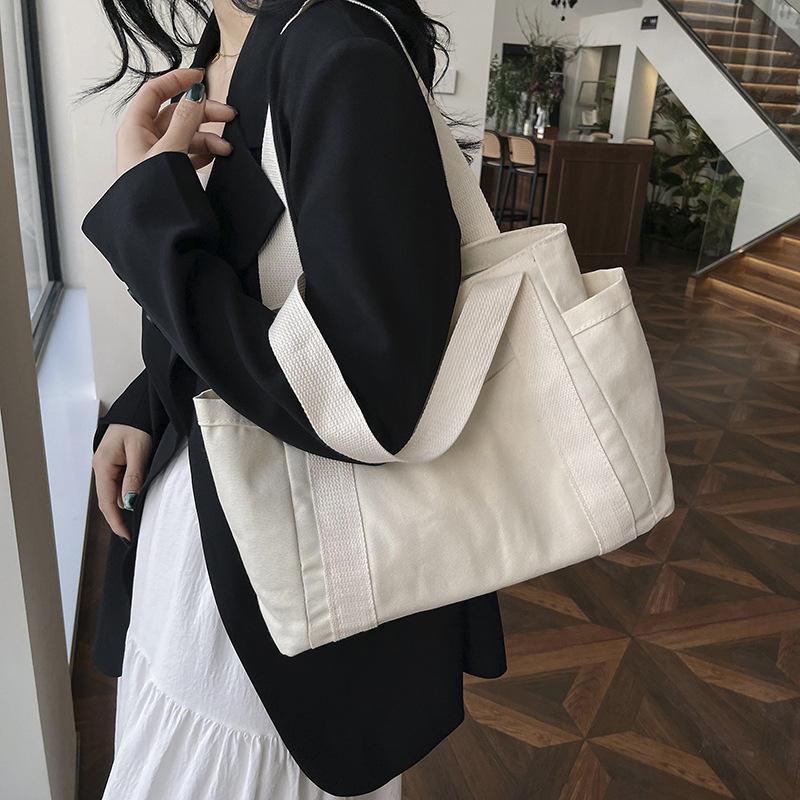 Geantă de umăr stil Preppy Geantă de mână de mare capacitate pentru femei Geantă de pânză solidă ocazională versatilă Geantă pătrată pentru navetă