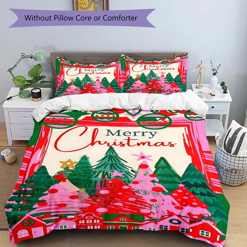 3Pcs Christmas Village Scene Bedding Set Quilt Cover Pillowcase Home Christmas Halloween Gift 1 Duvet Cover 2 Pillowcase S183
