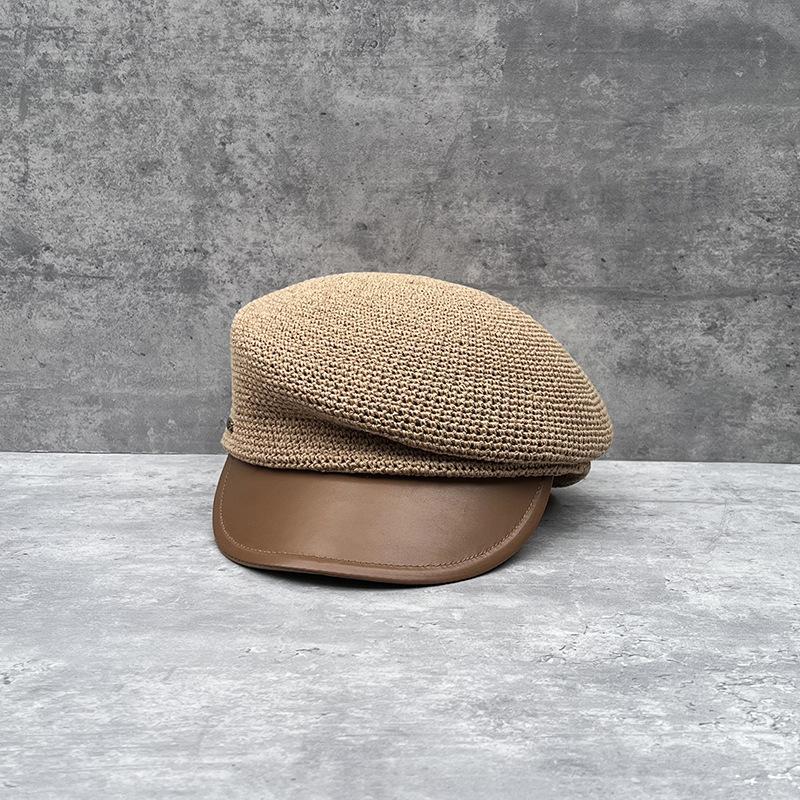 Versatile Temperament Leather Brim Inclined Top Hemp Rope Woven Face Small Equestrian Straw Hat Women'S Summer Retro Beret