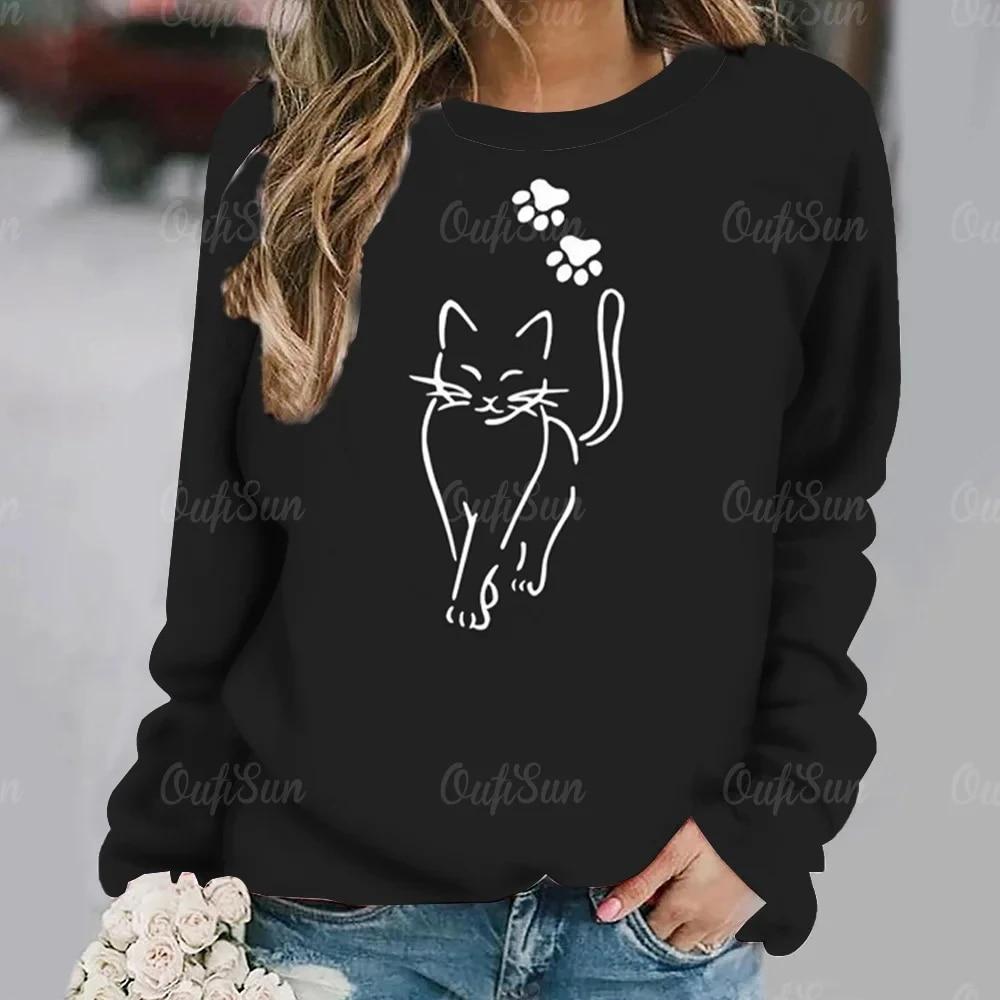 Dámské tričko Anime Kočičí potisk Topy s dlouhým rukávem Vintage svetr Bavlna s výstřihem do tvaru Y2k Dámské oblečení Oversized Street Pullover