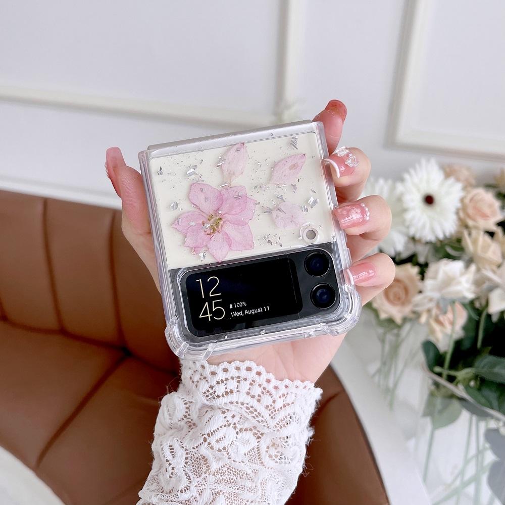 Für Samsung Z Flip 3 Fall Getrocknete Blume Transparent Falten Telefon Fall Für Samsung Galaxy Z Flip 4 Flip4 Stoßfest harte Rückseitige Abdeckung