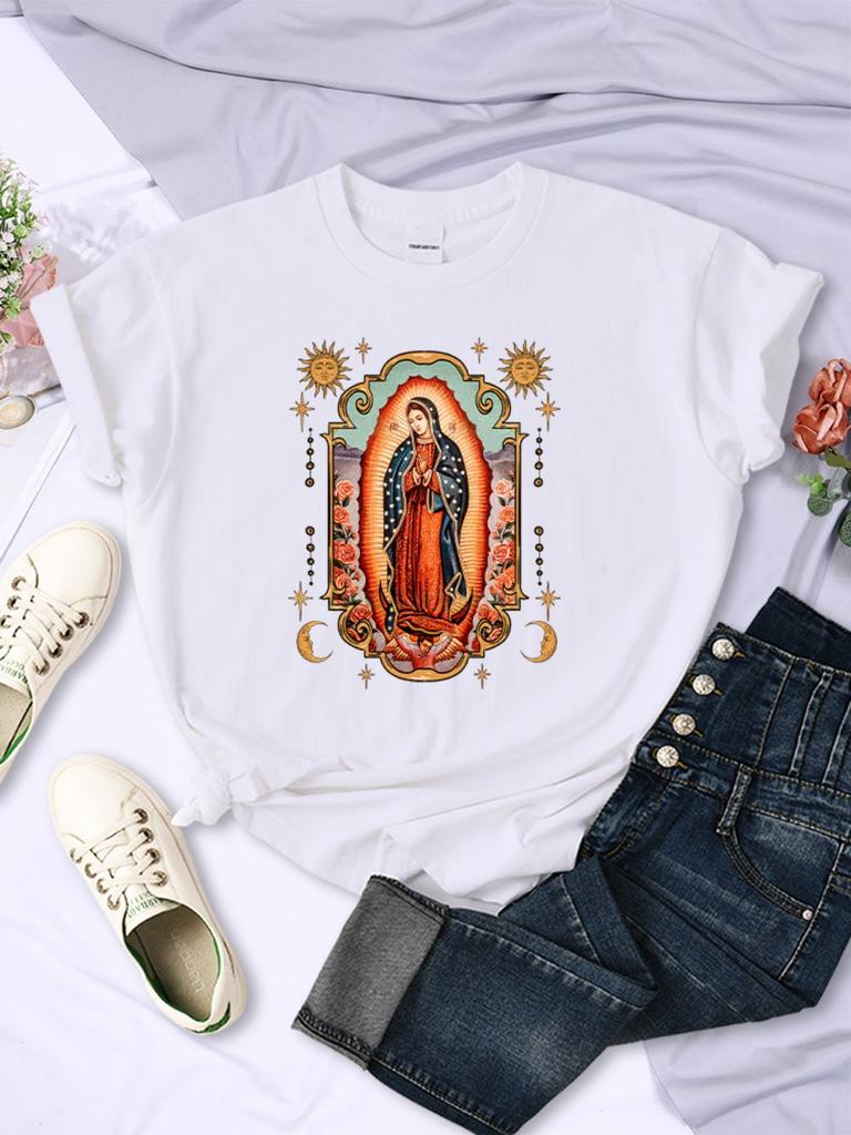 T-shirts pour femme Rue Notre-Dame de Guadalupe Imprimé T-shirts Confortable Col Rond Manches Courtes Douces Été Décontracté Vêtements Féminins