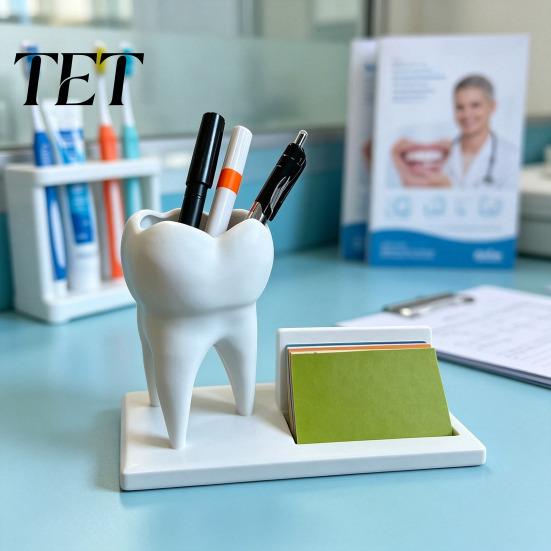 Dentist Office Supplies 3D Printed Tooth Pen Holder with Business Card Holder, 2 In 1 Personalized Gift Teeth Shape Desk Organizer, Desktop