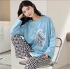 Pijama feminino de poliéster, tamanho grande 5XL, primavera/outono, xadrez, manga comprida, conjunto de roupa de dormir, feminino, simples, solto, casual