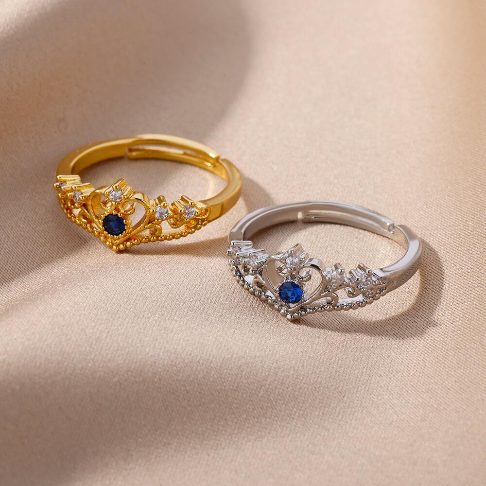 Blue Zircon Crown Rings For Women Stainless Steel Gold Color Adjustable Crown Ring Trend Design Female Wedding Jewerly Gift
