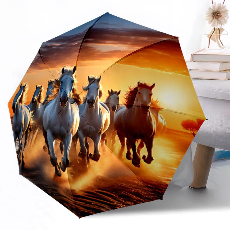 Ombrello Automatico Portatile a 8 Stecche Cavallo e Ghirlanda Floreale Design Pieghevole Leggero per Uso Esterno Quotidiano Regalo Perfetto per Amici Famiglia