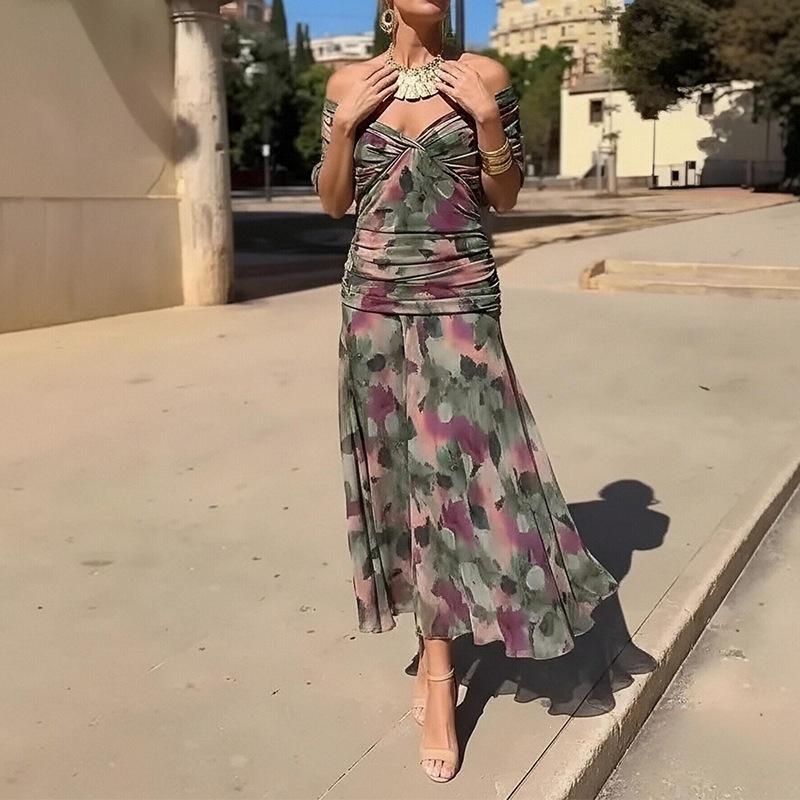 Women's Clothing, New Spring Models In Europe and America, Elegant Temperament, Off-the-shoulder Waist Dress, Long Dress, Dress.