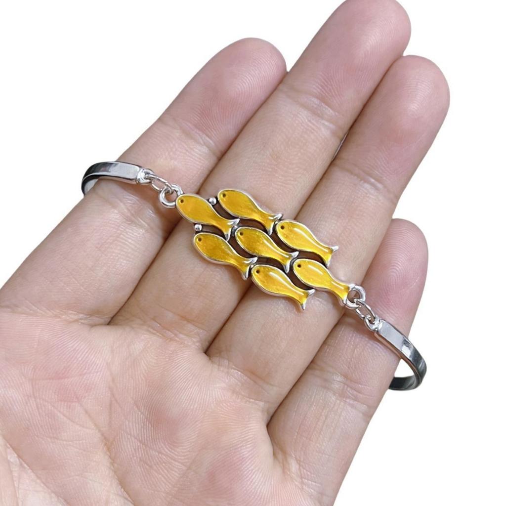 Vintage Bangle Bracelets for Women, Unique Designer Jewelry w/ Golden School of Fish Charm, Ocean Theme Charm Bracelet