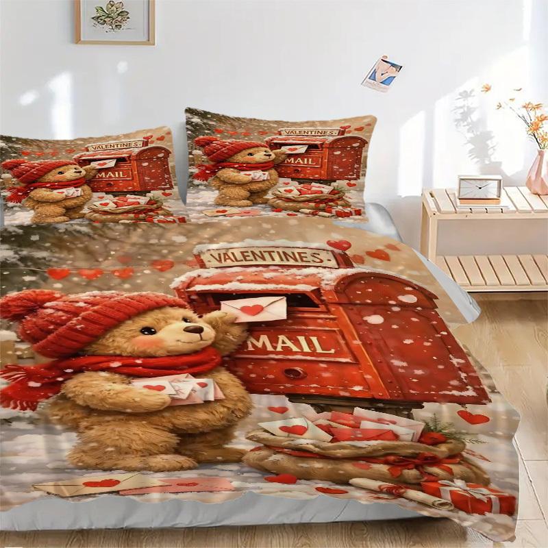 3pcs Valentines Day Gift - Cute Teddy Bear Bedding Set with Red Heart Envelopes - Includes One Quilt Cover and Two Pillowcases (No Core) - P