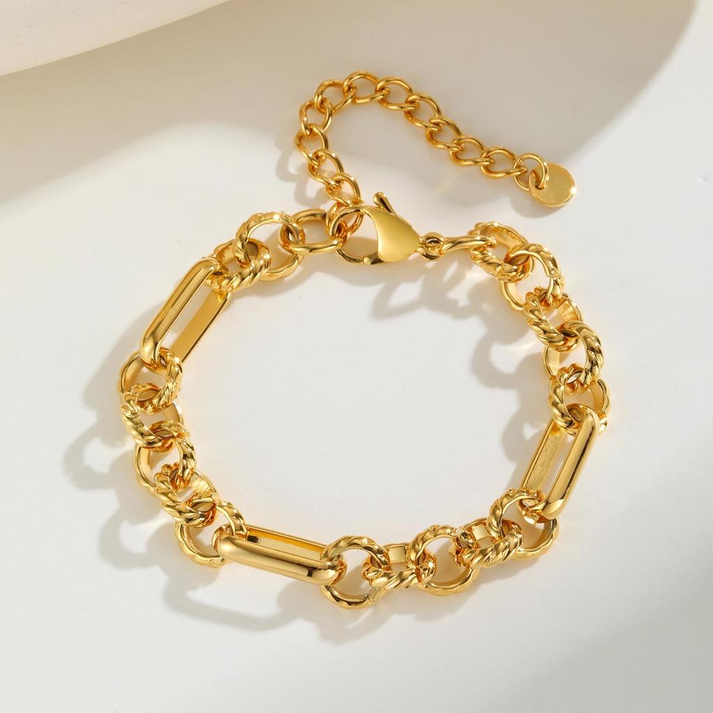 Waterproof Chunky Chain Bracelet for Women,18k Real Gold Plated Paperlicp Link With Circle Cable Chain Wriistband